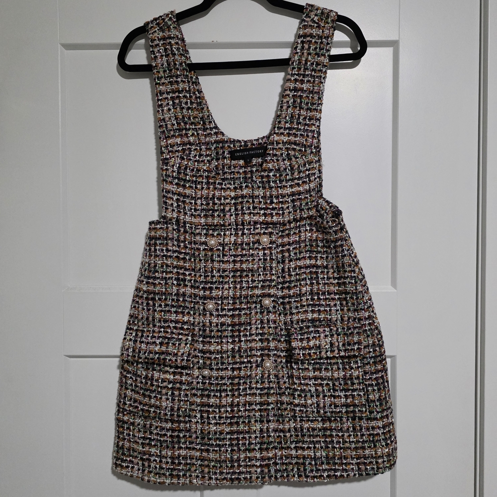 Zara Multicolored Tweed Mini Pinafore Dress with Pearl Buttons